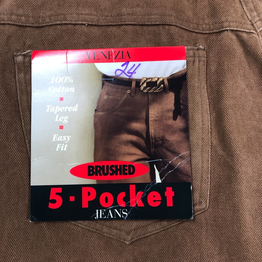 Vintage 80s High Rise Tapered Jeans Women 24 Venezia Brown Brushed Cotton New